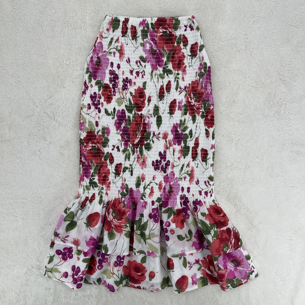 Abercrombie & Fitch Skirt Floral Smocked Midi Ruffle Pencil Skirt Red‎ Pink XXS